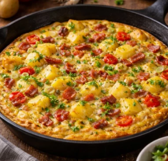 Tortilla pommes de terre, cébette, poivrons et lardons 4 pers