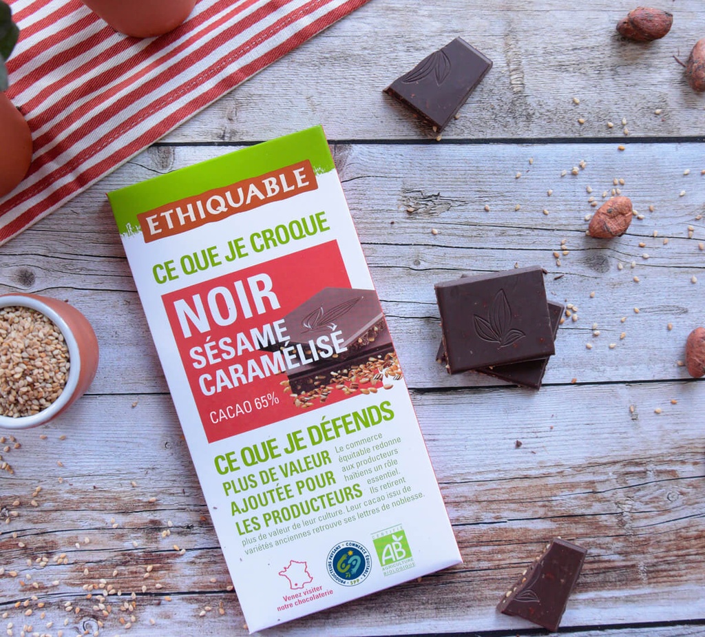 Chocolat noir 65% cacao sésame caramélisé BIO 100g